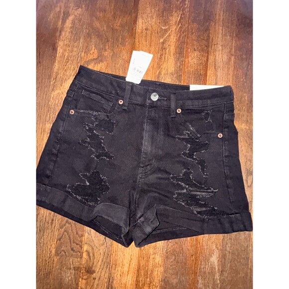 American Eagle NWT Mom Shorts Size 2 Destroyed Distressed Black Jeans Stretch - Picture 1 of 4